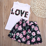 2Pcs Kids Girls Summer Floral Letters Printed Top Skirt Mini Dress Set Outfit