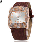 Women's Luxury Square Case Shiny Rhinestones Faux Leather Analog Wrist Watch - ENSEIGNE DENIS