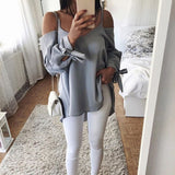 Solid Color Women Long Sleeve V-Neck Spring Summer Casual Strappy Blouse Top