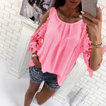 Women Hollow Sleeve Shirt Summer Solid Color Blouse Casual Back Strap Top