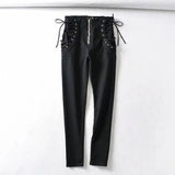 Vintage Skinny Zipper High Waist Cross Lacing up Jeans Women Slim Fit
