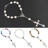 Women Catholic Rosary Faux Pearl Beads Jesus Cross Pendant Bracelet Jewelry