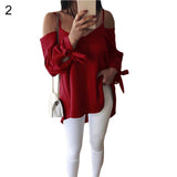 Solid Color Women Long Sleeve V-Neck Spring Summer Casual Strappy Blouse Top