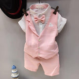 Baby Boy Gentleman Short Sleeve T-Shirt Plaid Waistcoat with Bow Tie Shorts Suit