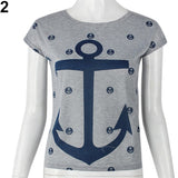 Women's Summer Style Blouse Letter Anchor Print Slim Top Cotton Casual T-shirt - ENSEIGNE DENIS