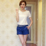 Women's Fashion Summer Hollow Sexy Short Sleeve V Neck Lace Chiffon Blouse T-shirt