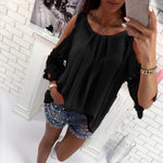 Women Hollow Sleeve Shirt Summer Solid Color Blouse Casual Back Strap Top