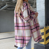Pink Stripe Plaid Long Lapel Single-breasted Loose Maxi Shirt