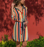 Colorful striped waistband long sleeve shirt dress