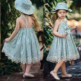 Fashion Little Princess Girl Sleeveless Floral Print Lace Bowknot Halter Dress