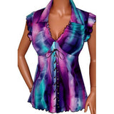 Sexy Women Lapel V-Neck Bandage Lace Up Ruffled Short Sleeve Top T-Shirt Blouse - ENSEIGNE DENIS