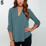 Women's Stylish Sexy V Neck Rollable Sleeve Loose Solid Chiffon Blouse Shirt - ENSEIGNE DENIS