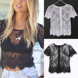 Fashion Women See-through Lace T-shirt Short Sleeve Crop Top Hollow Out Blouse