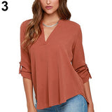 Women's Stylish Sexy V Neck Rollable Sleeve Loose Solid Chiffon Blouse Shirt - ENSEIGNE DENIS