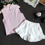 Fashion Ruffles Bowknot Children Girls Summer Sleeveless Top Shorts Clothes Set
