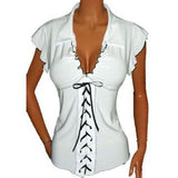 Sexy Women Lapel V-Neck Bandage Lace Up Ruffled Short Sleeve Top T-Shirt Blouse - ENSEIGNE DENIS