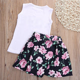 2Pcs Kids Girls Summer Floral Letters Printed Top Skirt Mini Dress Set Outfit