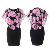 Fashion Elegant Rose Floral Print Shawl Design Round Neck Slim Fit Women Dress