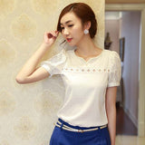 Women's Fashion Summer Hollow Sexy Short Sleeve V Neck Lace Chiffon Blouse T-shirt