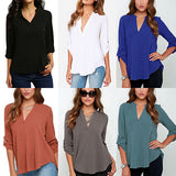 Women's Stylish Sexy V Neck Rollable Sleeve Loose Solid Chiffon Blouse Shirt - ENSEIGNE DENIS