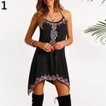 Women Summer Floral Spaghetti Strap A-Line Asymmetrical Hem Short Dress