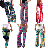 Women's Summer Floral Pants Casual High Waist Flare Wide Leg Long Trousers