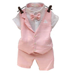 Baby Boy Gentleman Short Sleeve T-Shirt Plaid Waistcoat with Bow Tie Shorts Suit