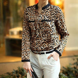 Women Leopard Print Long Sleeve Chiffon Loose Shirt Pockets Button Down Top