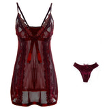Sexy Women See-through Lace Embroidered Sling Dress Sleepwear Nightdress + Thong