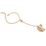 Fashion Women Rhinestone Golden Leaf Bracelet Chain Ring Integrated Jewelry