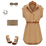 Women's Casual V-neck Cap Sleeve Solid Color Chiffon Shirt Dress with Brown Belt