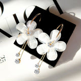 Korean Women Camellia Flower Long Tassel Rhinestone Party Leaverback Earrings