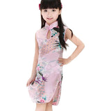 Children Girls Chinese Cheongsam Floral Peacock Lapel Sleeveless Summer Dress