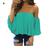 Lady Sexy Off Shoulder Long Sleeve Solid Color Loose Chiffon Top T-shirt Blouse