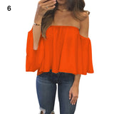 Lady Sexy Off Shoulder Long Sleeve Solid Color Loose Chiffon Top T-shirt Blouse