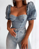 Square Neck Puff Sleeve Denim Blouse