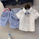 Baby Boy Gentleman Short Sleeve T-Shirt Plaid Waistcoat with Bow Tie Shorts Suit