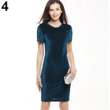 Women's Elegant Round Neck Short Sleeve Party Sheath Bodycon Pencil Velvet Dress - ENSEIGNE DENIS