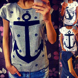 Women Fashion Casual Cotton Anchor Print Short Sleeve T-Shirt Summer Blouse Top - ENSEIGNE DENIS