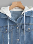 2 In 1 Ribbed Knit Trim Hooded Denim Jacket