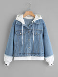 2 In 1 Ribbed Knit Trim Hooded Denim Jacket