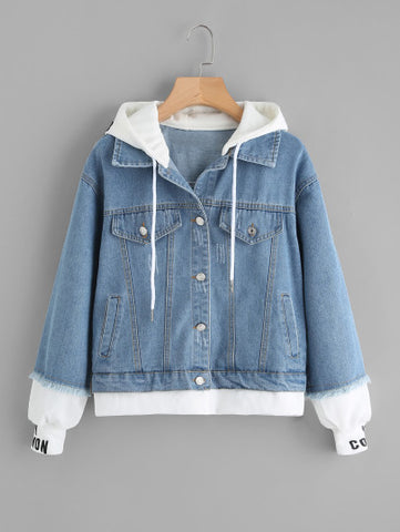 2 In 1 Ribbed Knit Trim Hooded Denim Jacket