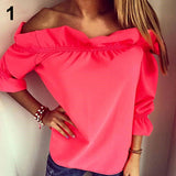 Fashion Lady Women Lotus Leaf Collar Pure Color Off-Shoulder Party Top Blouse - ENSEIGNE DENIS
