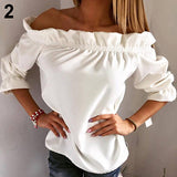 Fashion Lady Women Lotus Leaf Collar Pure Color Off-Shoulder Party Top Blouse - ENSEIGNE DENIS