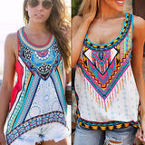 Women Summer Sleeveless O Neck Print T-Shirt Bohemian Blouse Top Sexy Vest