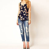 Women's Butterfly Print Chiffon Blouse Sleeveless T-Shirt Tank Top Crew Vest