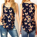 Women's Butterfly Print Chiffon Blouse Sleeveless T-Shirt Tank Top Crew Vest