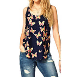 Women's Butterfly Print Chiffon Blouse Sleeveless T-Shirt Tank Top Crew Vest