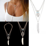 Women Fashion Feather Leaf Beads Charm Pendant Multilayer Chain Necklace Jewelry - ENSEIGNE DENIS