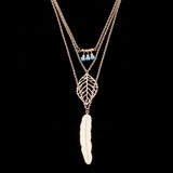 Women Fashion Feather Leaf Beads Charm Pendant Multilayer Chain Necklace Jewelry - ENSEIGNE DENIS